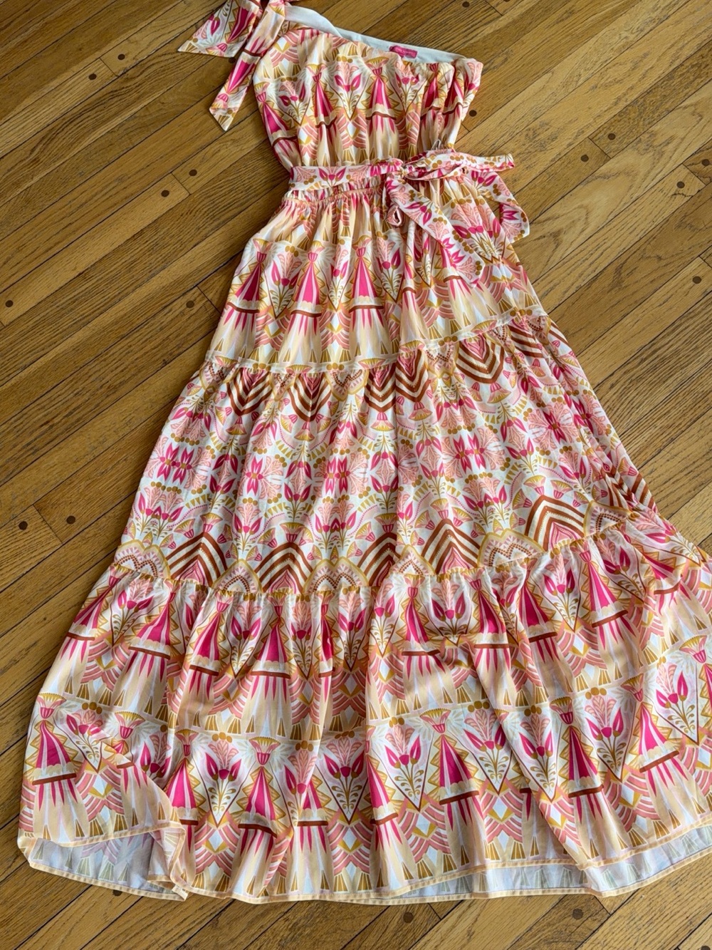 Flying Tomato Pink & Cream One-Shoulder Tiered Maxi Dress